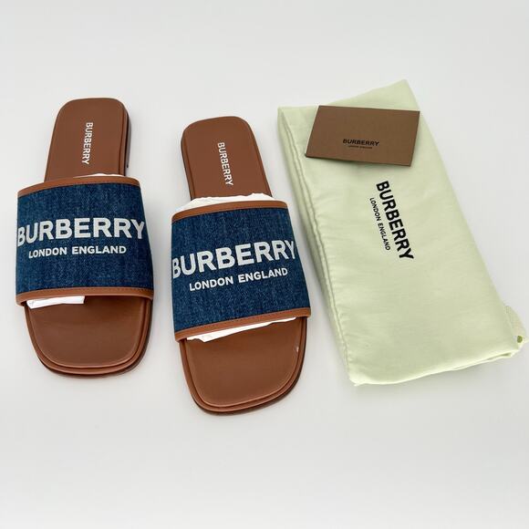 BURBERRY Carolyn Denim Logo Flat Slide EU 38.5 US 8.5 Blue Brown Two Tone Sandal - Picture 11 of 11